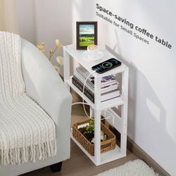 3-Tier Small Narrow Wood Side Table with Charging Station, Skinny Nightstand for Small Space, Slim Bedside Table with Storage for Couch, Thin End Tabl