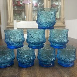 Mid-century, laser, blue rain, flower pattern, anchor, hocking, old-fashioned cocktail glasses