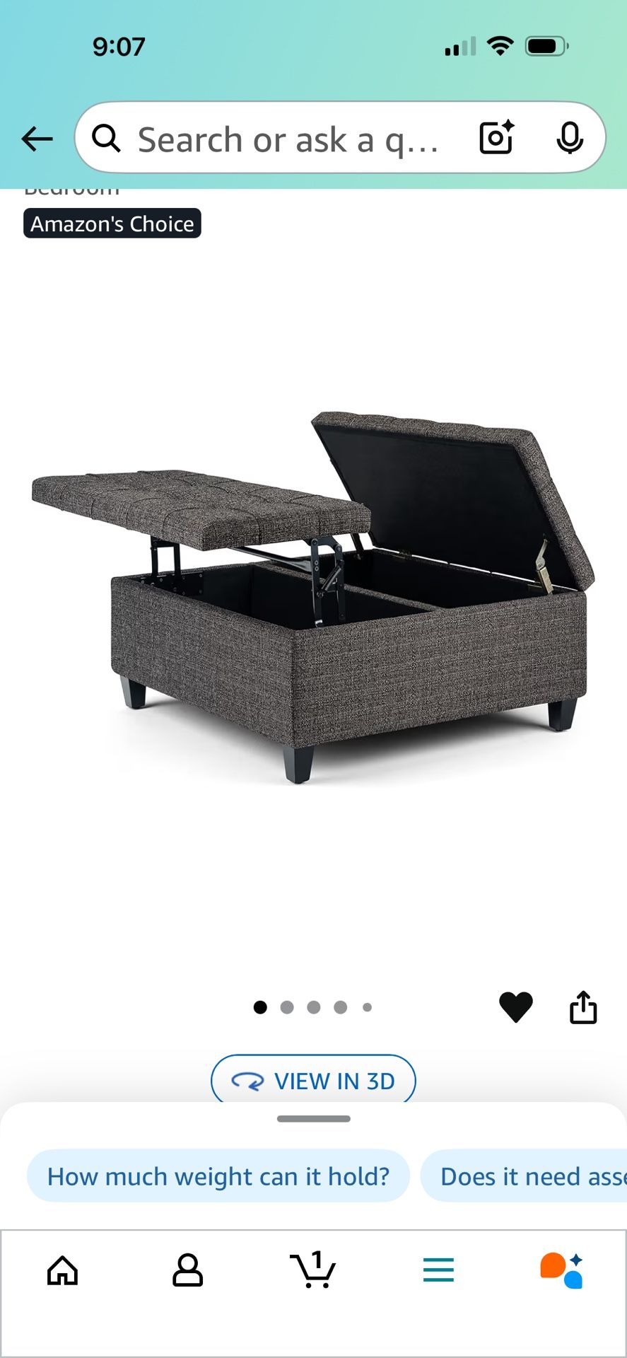 36 Inch Wide Square Coffee Table Lift Top Storage Ottoman in Upholstered Ebony Tufted Tweed Fabric, For the Living Room