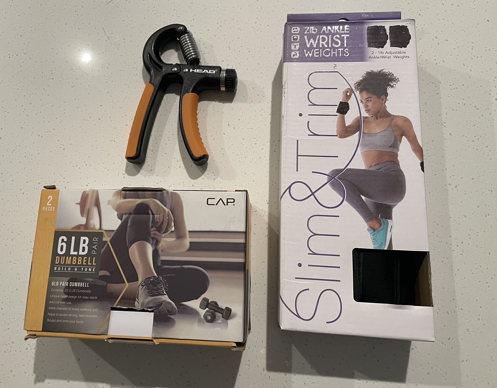 2 3lb Dumbbells, 2 1lb Wrist & Ankle Weights, Grip Trainer