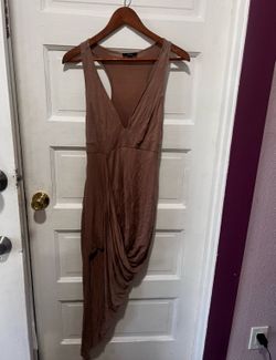 Deep v neck/high slit tan Dress