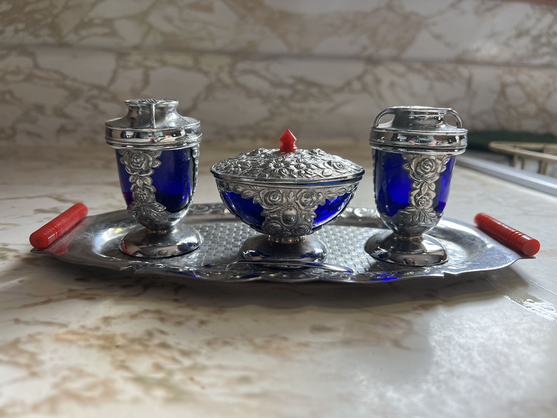 Vintage 1950’s Japan Cobalt Glass Silver Salt Pepper Mustard & Tray Set Dragon