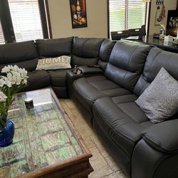 Grey Leather Section With Two Electrical Recliners