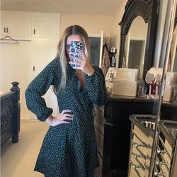 NWT Le Lis Long Sleeve Polka Dot Ruffle Dress Green