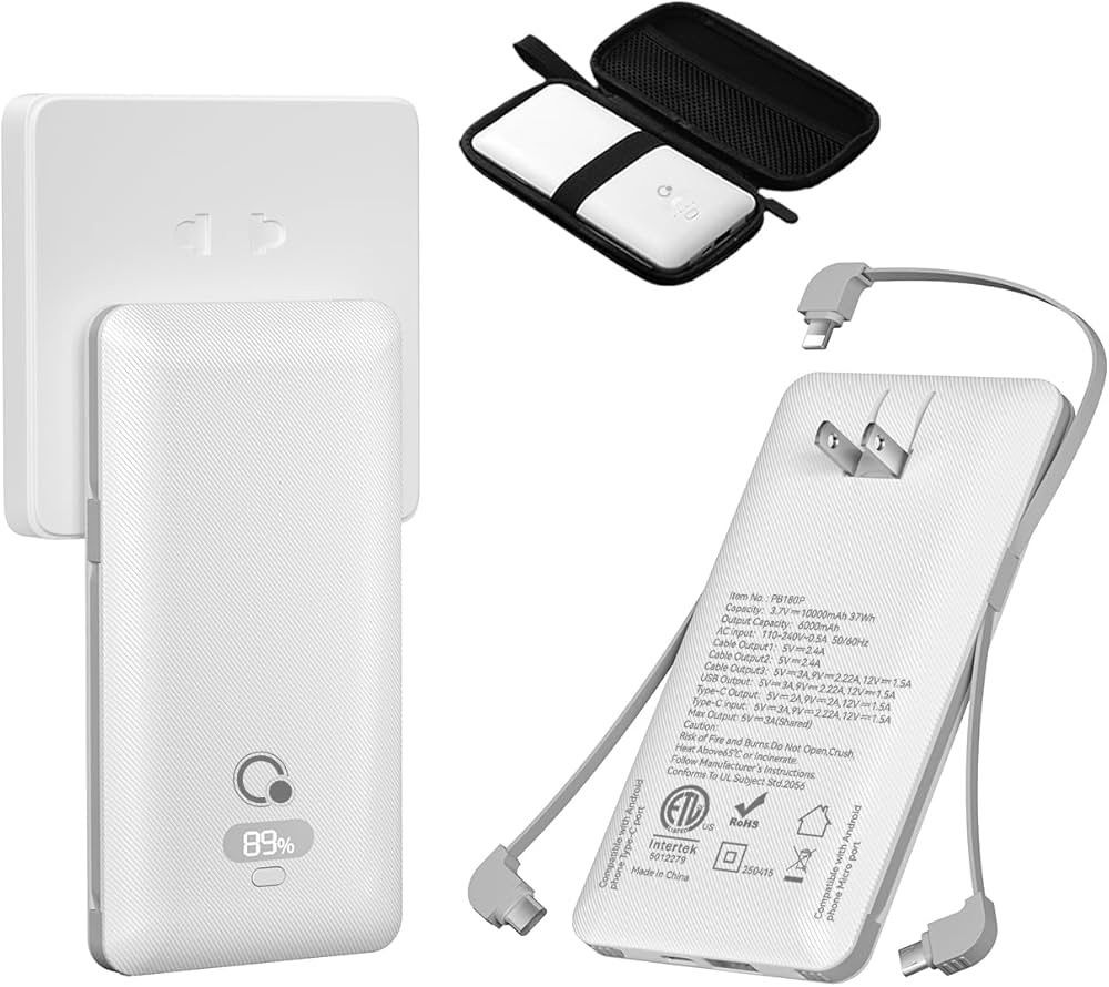 10000mAh Portable Charger with Built-in Cables and AC Wall Plug