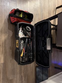 Toolbox with tools and drill