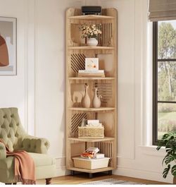 JW1230 71-Inch Corner Shelf, 6-Tier Tall Corner Bookshelf, Narrow Corner Bookcase with Square Rack, Natural