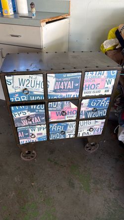 Industrial Metal Cabinet with License Plate Drawers