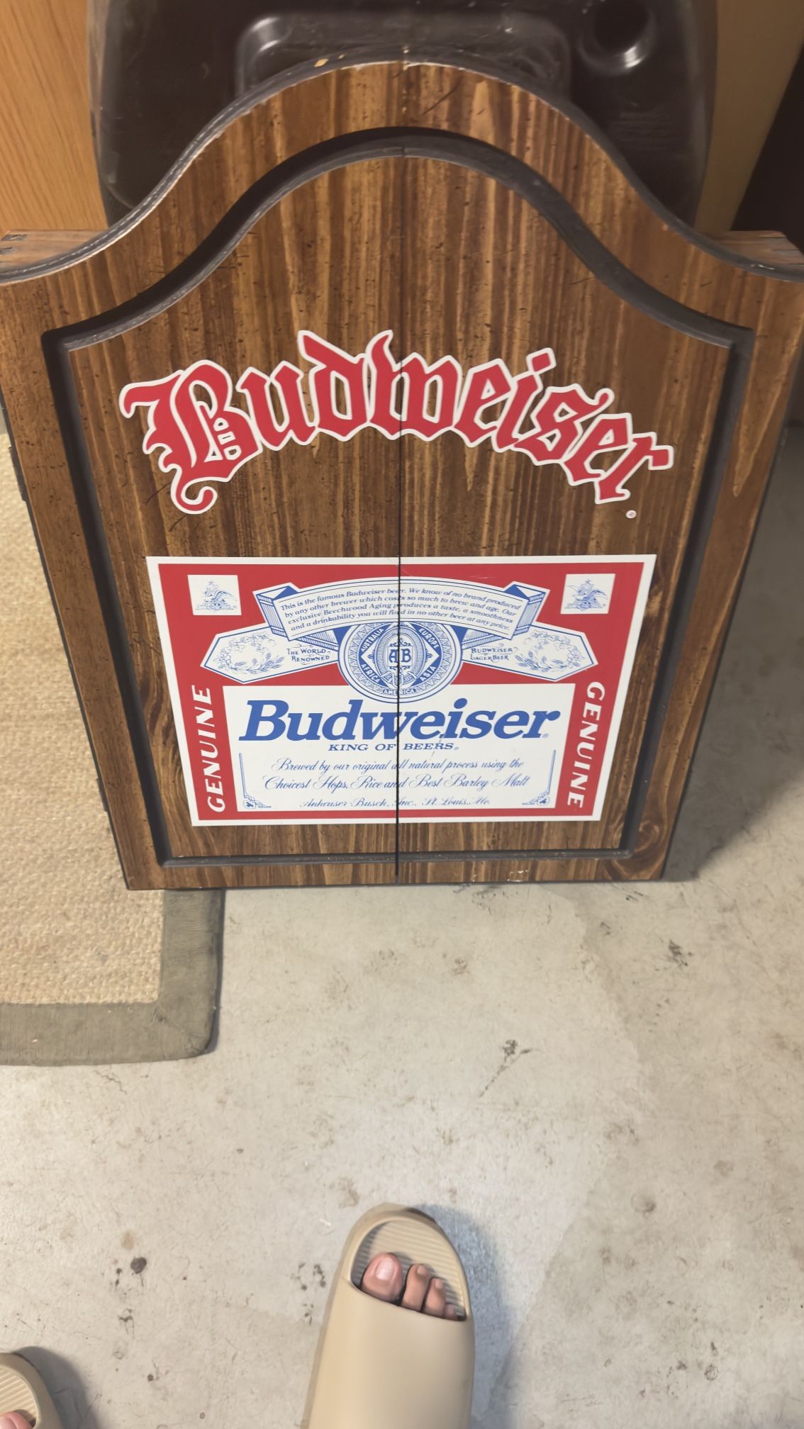 Vintage Budweiser Dartboard Cabinet – Harvard Wood Case with Scoreboard