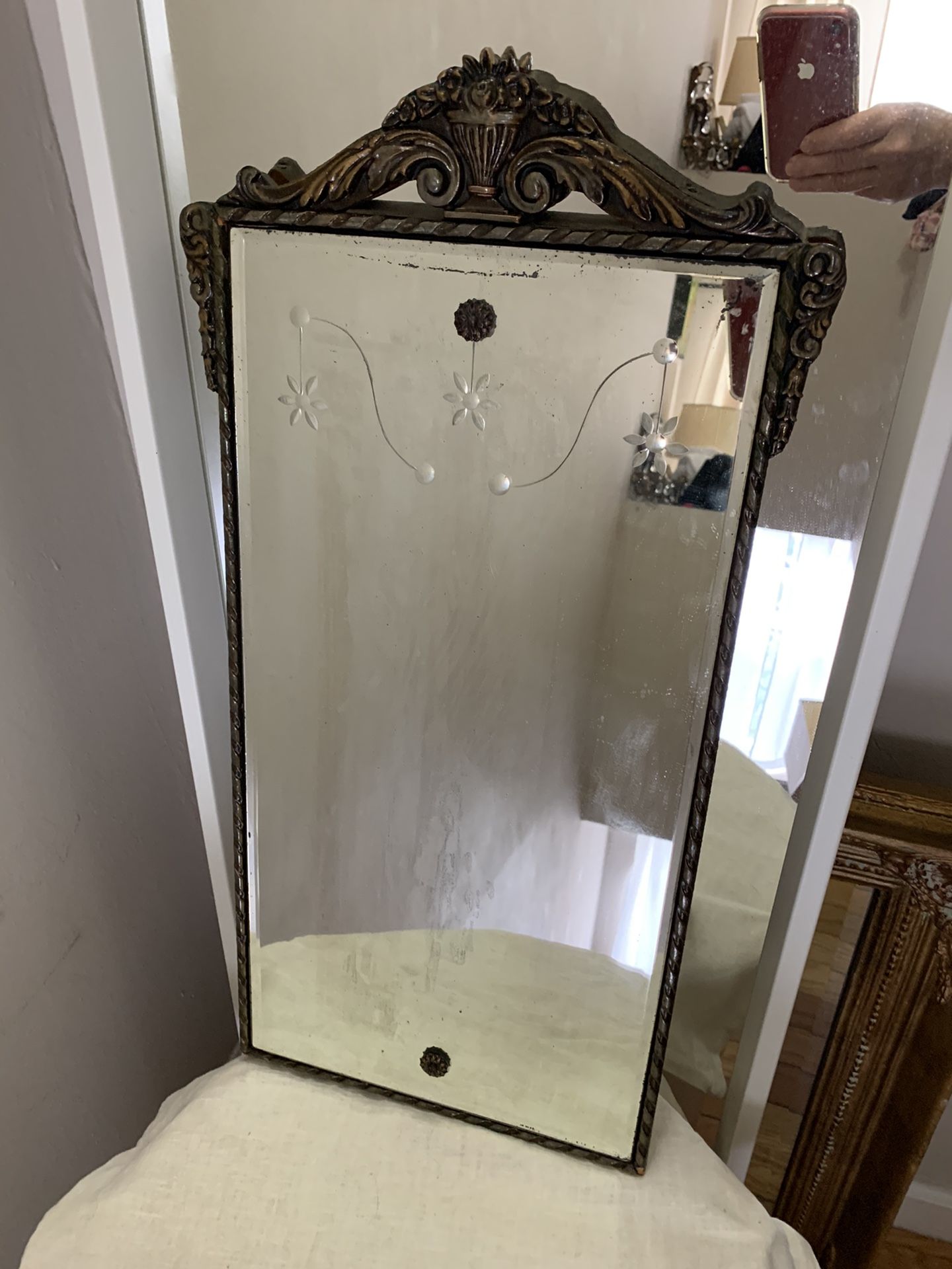 Antique wood pod framed mirror with floral etched glass