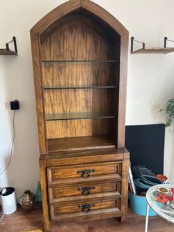 Rustic Wood Hutch Cabinet with Glass Shelves