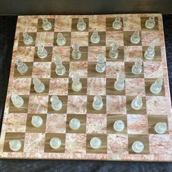 Marble And Onyx Chess Set 14” X 14” With Frosted & Clear Glass Chess Pieces