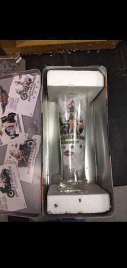 Harley-Davidson beer glass in original tin