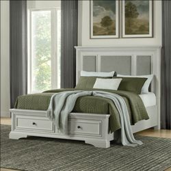 Anistyn Wood Bed Frame with Upholstered Headboard, Gray Finish