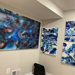 Four Beautiful Blue Paintings The Bigger One Is 60” High X 36” Long, The Mid One Is 36” X 24”, The Small Ones 24” X 18”.  ( NO SHIPPING) $125 For All