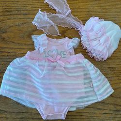 New Baby 0-3M Bodysuit Princess Dress & Bonnet Pink / White Lace & Cotton Layer