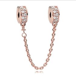 Sterling Silver Clear Pave Safety Chain Clip Charm rosegold for Pandora bracelet