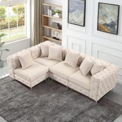 96.5-in Modern Off-white Sectional, Comfort Modular Couch 122 in. Velvet 3 Seat L Shaped Sectional Sofa for Living Room with Tufted Button in Beige