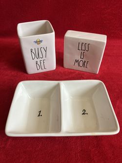 RAE DUNN Artisan Numbered Number 1 2 Divided Dish Tray BUSY BEE SQUARE PLANTER / PENCIL / TOOTH HOLDER LESS IS MORE DECOR CERAMIC