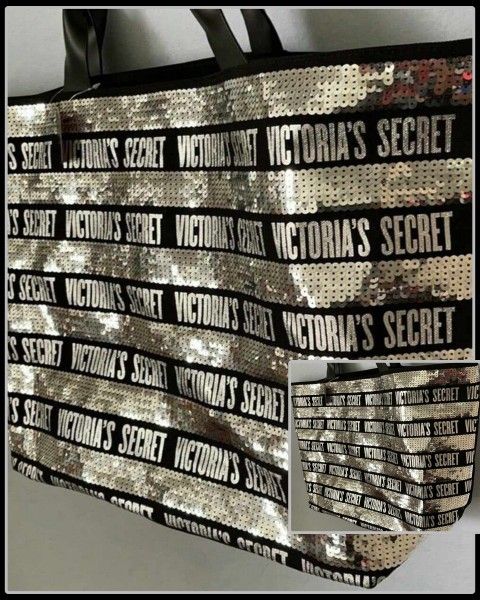 NEW VICTORIA'S SECRET BLACK SILVER BLING SEQUIN VS LOGO XL LARGE DUFFEL BAG TOTE PURSE TRAVEL CARRY ON