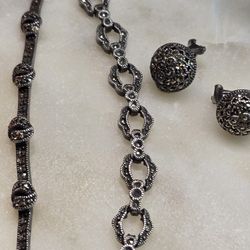 Set Of Marcasite Jewelry- 2 Bracelets/ 1 Pair Clip On Earrings