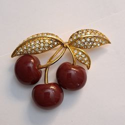 Vintage Joan Rivers Cherry Lucite Rhinestone Couture Gold tone Brooch Rare Find