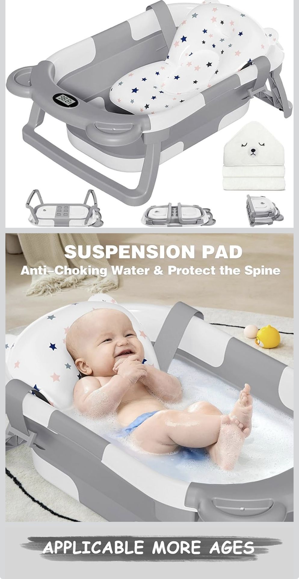 Baby Bathtub for Newborn with Thermometer, Collapsible, Soft Cushion,Portable