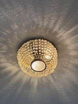 Two Vintage Flush Mount Crystal Ceiling Lights – Elegant Gold Base Chandelier with Faceted Glass Prisms