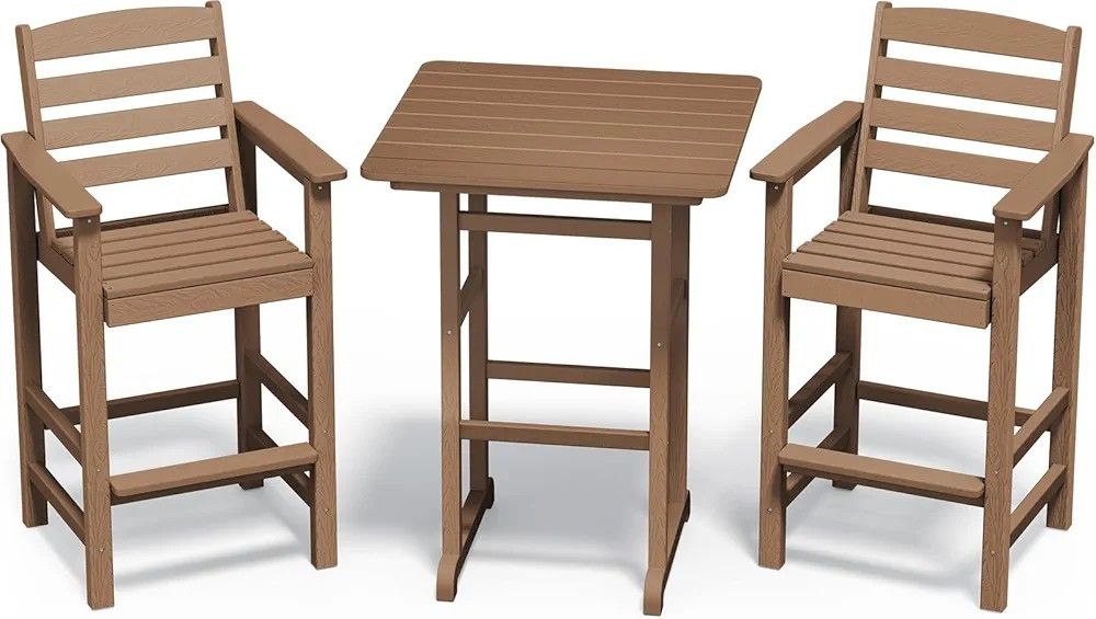 Balcony Adirondack Chairs and Table 3 Pieces Set, Adirondack Bar Height Chairs Set of 2 and Bar Table, Outdoor Bar Stools Set for Bistro, Poolside, Ba