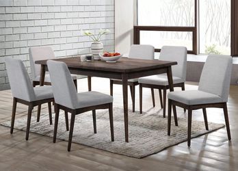 7 Piece Mid Century Modern Dining Table and Chair Set Gray Walnut Wooden Upholstered cushion Designer IKEA Staging Style Furniture Discount SALE 7PC 7