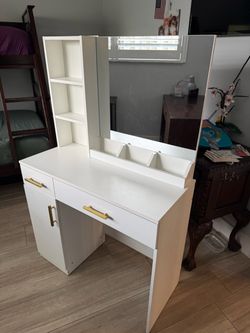 White Vanity Desk with Mirror and Storage