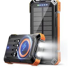 Solar Power Bank 49800mAh Wireless Portable Charger with USB-C 15W Fast Charging with 4 Built-in Cables LED Flashlight Battery Pack Compatible with iP