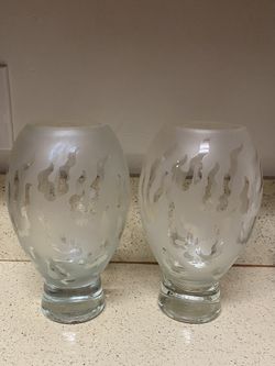  Vintage Hand Blown Art Glass Sand Etched Vase 10 inches Height.