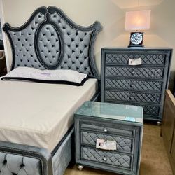 Cameo Gray Upholstered Panel Bedroom Set, Bed,chest, Nightstand/ Mattress Sold Separately 