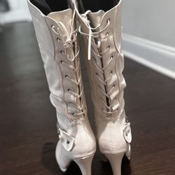 TOP Moda Womens Page-65 Knee High Round Toe Lace-Up Slouched High Heel Boots,Tan,6