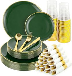 175pcs Disposable Plastic Dinnerware Set, Green And Gold