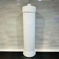 Vintage Breamco White Plastic Blow Mold Toilet Paper Roll Holder MCM Rose Floral  Plastic wicker look design with rose embossed on front.  22 1/2“ Tal