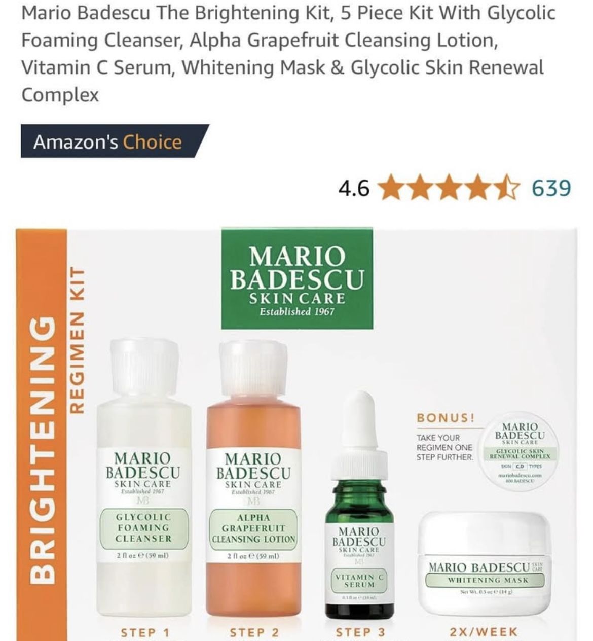 Mario Badescu The Brightening Kit, 5 Piece Kit With Glycolic Foaming Cleanser, Alpha Grapefruit Clea