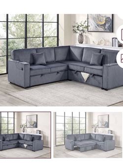 $550.  Sectional Pull Out Bed With Storage USB Cup Holder Available,I Ivory,Dark Gray,Corduroy