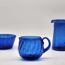 1940s Hand Blown Cobalt Blue Glass Fluted Swirled Creamer - Succulent Planter