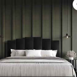 Fit full and Queen Stylish headboard available. Has black velvet new condition upholstered top. Design is modern and geometric. Great for updating you