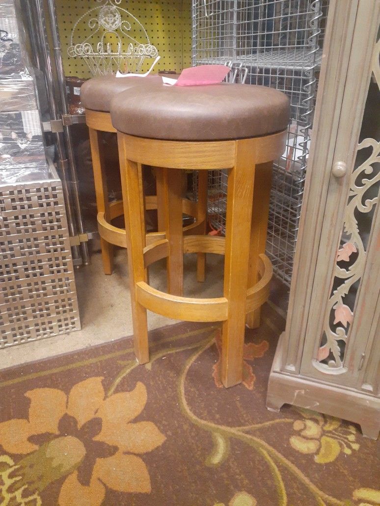 Set Of 2 Brown Wood Swivel Stools