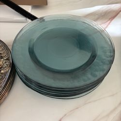 8 light blue glass dinner plates