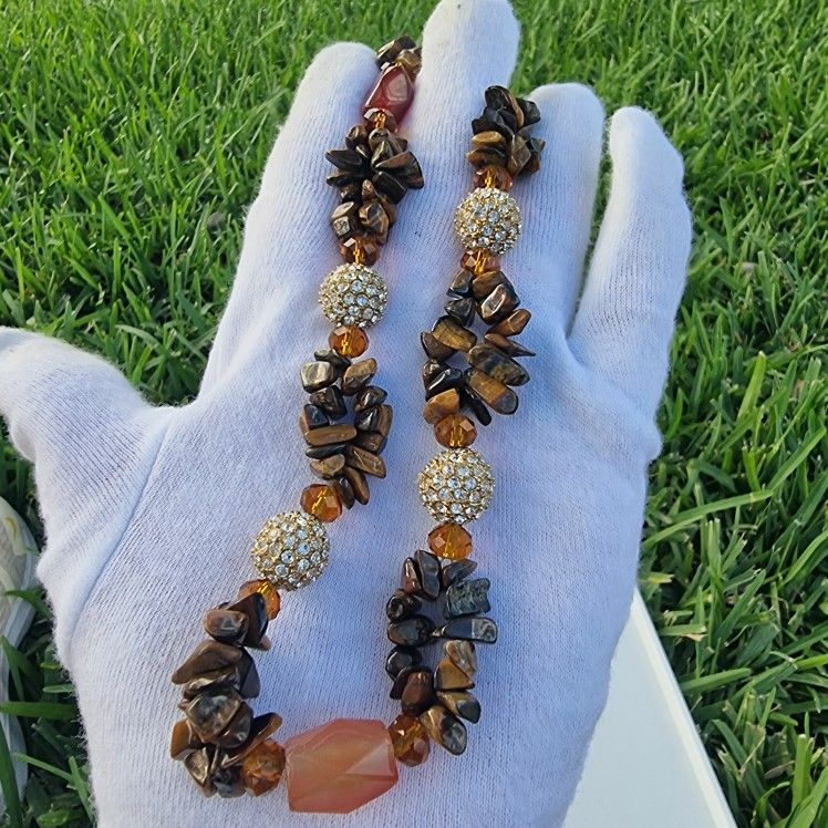 Vintage Statement Necklace – Tiger Eye Chips & Crystal Pave Beads, 22"