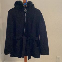 Black Fur Hooded Winter Wool Women Jacket. $30.00