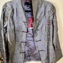 New Silver Silky Embroidered Asian Jacket 