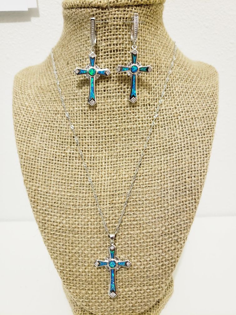 925 Sterling Silver Blue Fire Opal Cross Necklace and Earrings.