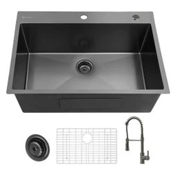 Glacier Bay 33 in. Drop-In Single Bowl 18 Gauge Gunmetal Black Stainless Steel Kitchen Sink with Black Spring Neck Faucet