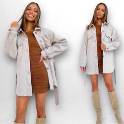 Petal and Pup Shacket Jacket Button Front Closure Belted Waist  Light Gray Sz 12