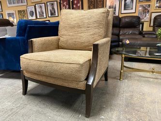 ETHAN ALLEN Ornate Light Brown Armchair w/ Wooden Frame